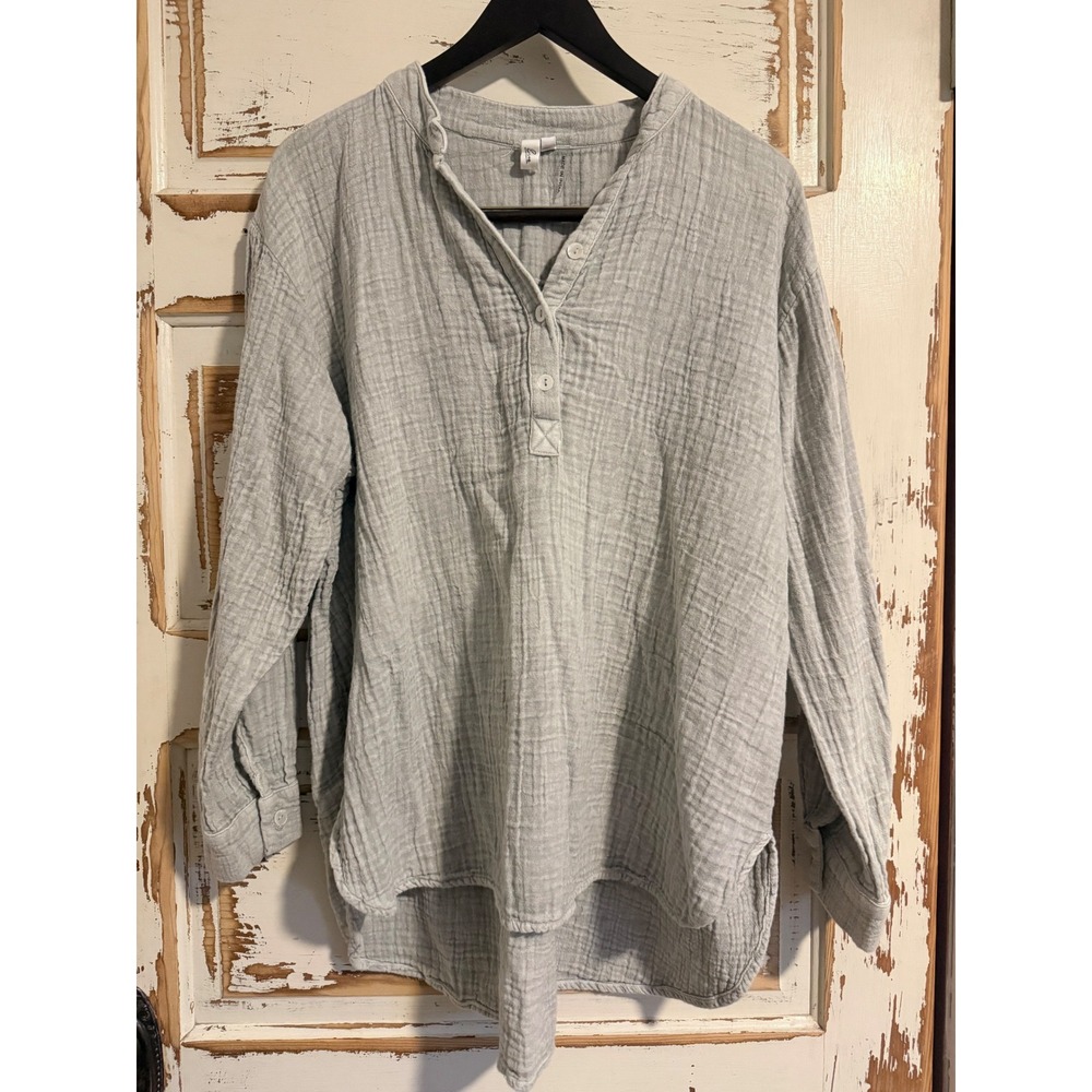Elan Sage Green Double Gauze Cotton Henley Blouse Long Sleeve Top Medium